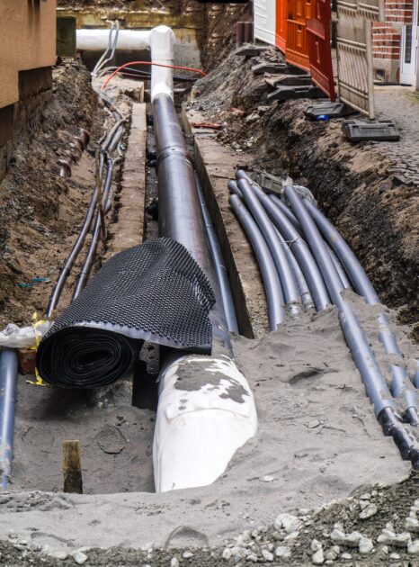 基礎工事完了後なら、上下水道、ガス管などの埋設する配管などの位置が確定している。